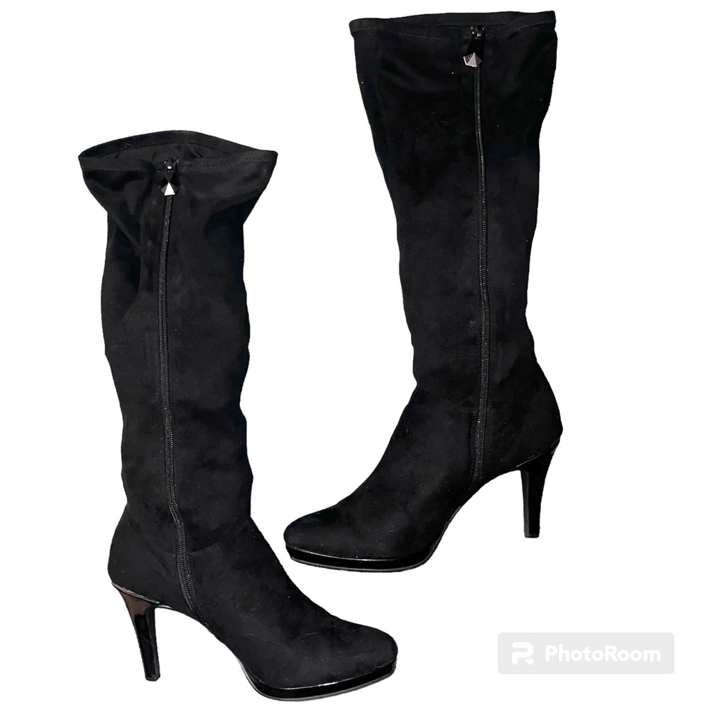 Tahari Gage Black Faux Suede Soft Fabric Zip Up Heeled Tall Boots - Size 9